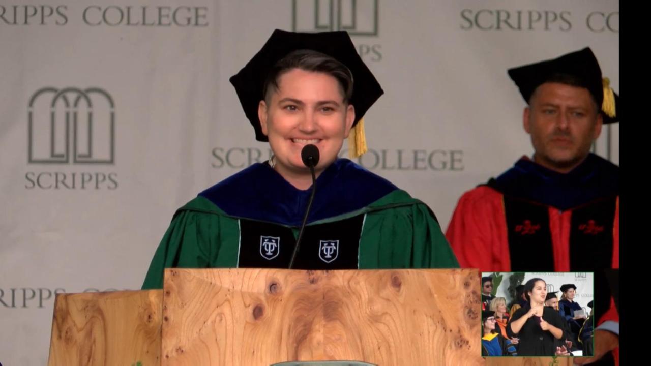Dr. Cannon in regalia giving the Class of 2020 Commencement Speech at Scripps Colleges