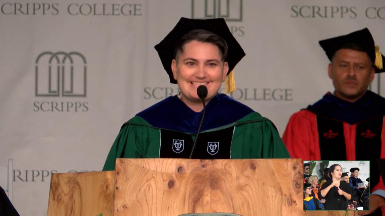 Dr. Cannon in regalia giving the Class of 2020 Commencement Speech at Scripps Colleges