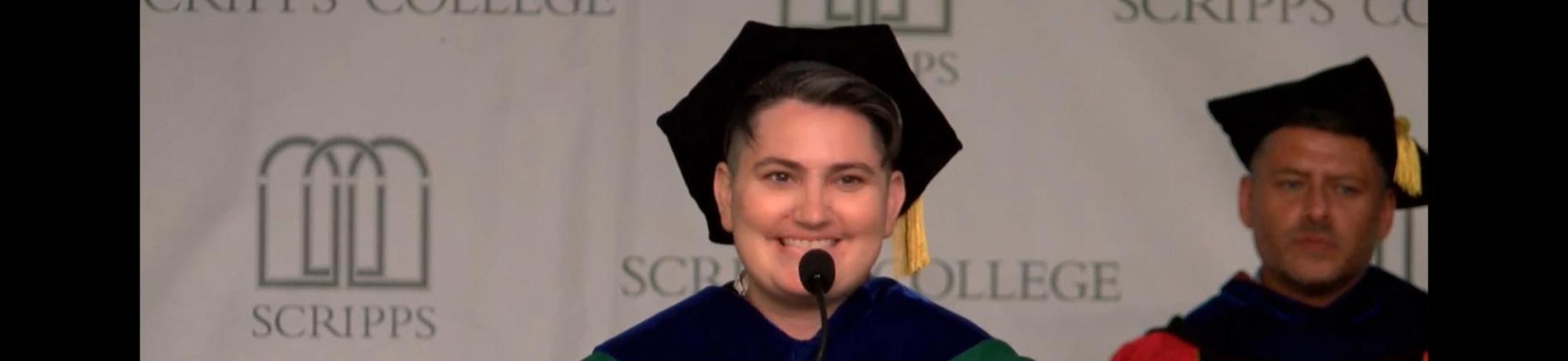 Dr. Cannon in regalia giving the Class of 2020 Commencement Speech at Scripps Colleges